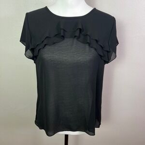 Ann Taylor LOFT Black Ruffle Sheer Chiffon Short Sleeve Blouse, MP Petites